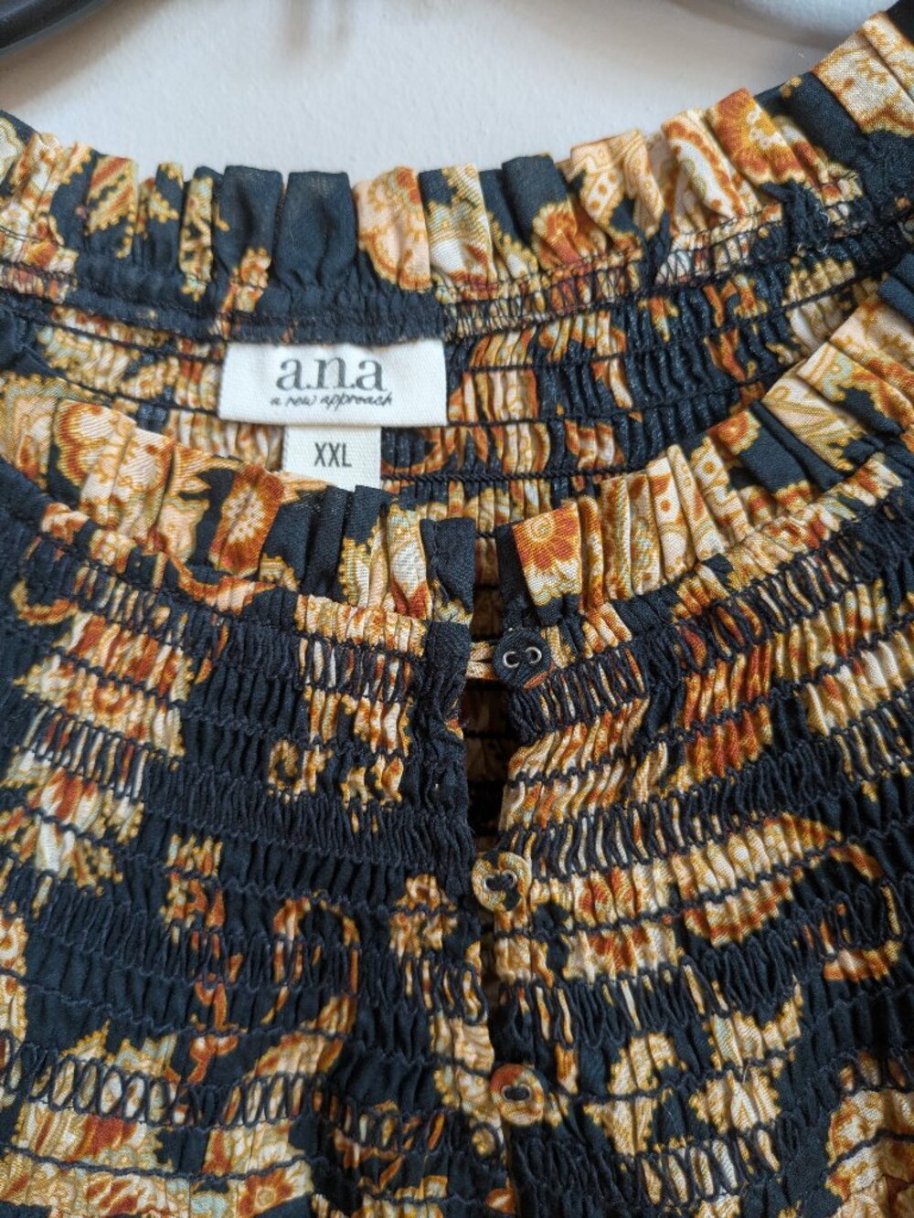 ana new approach peasant top xxl - 3/4 sleeve black tan orange 100% cotton #442